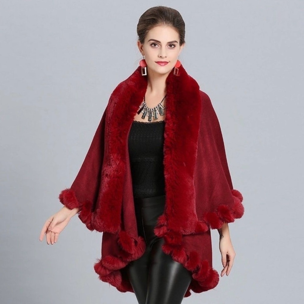 Elegant Red Fur Trimmed Shawl one size